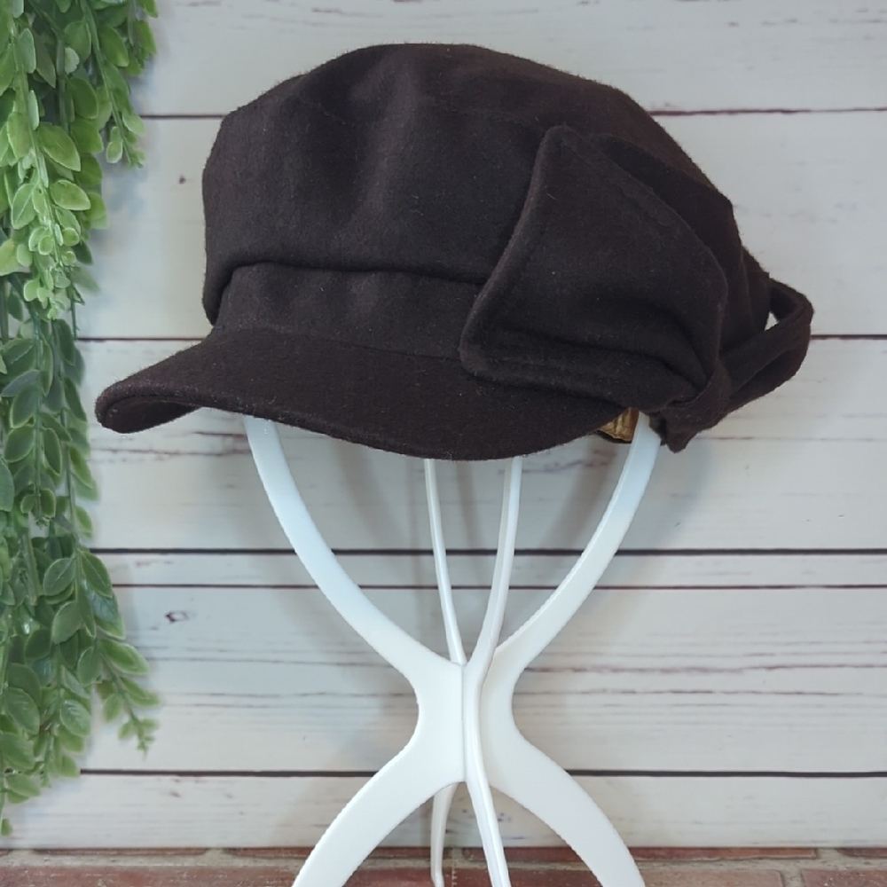 Vintage Y2K August‎ Wool Brown Bow Newsboy Cap Cabbie Painters Satin Lined